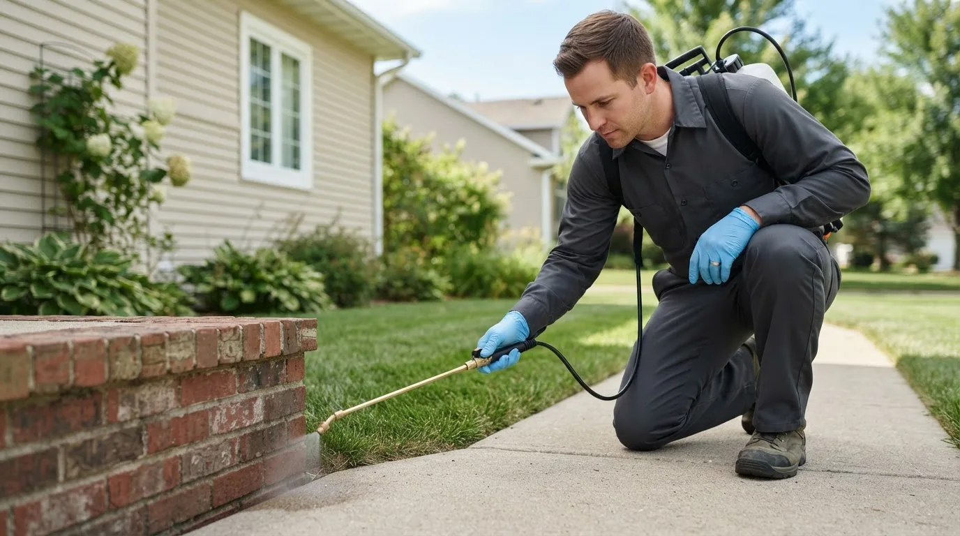 Pest control technician treating a home near North Tazewell, VA